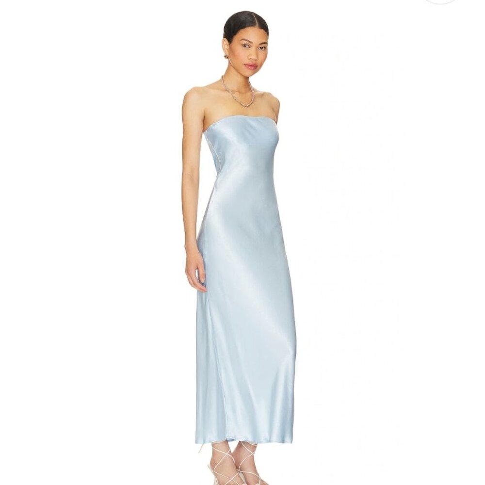 Strapless Satin Midi Dress in Pale Blue - Picture 2 of 11